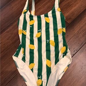 Green and White Striped Kids Swimsuit with Lemon Print